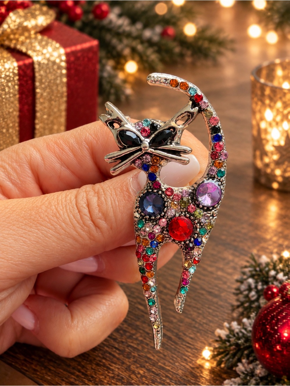 Sparkling Holiday Crystal Cat Brooch